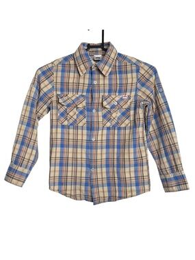 Appaman Boys Long Sleeve Plaid Button Down Shirt Size 7 Blue Tan Double Pockets